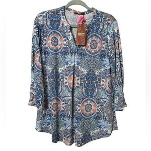 NWT Gaharu Large Blue and Orange Mandala Women's Blouse